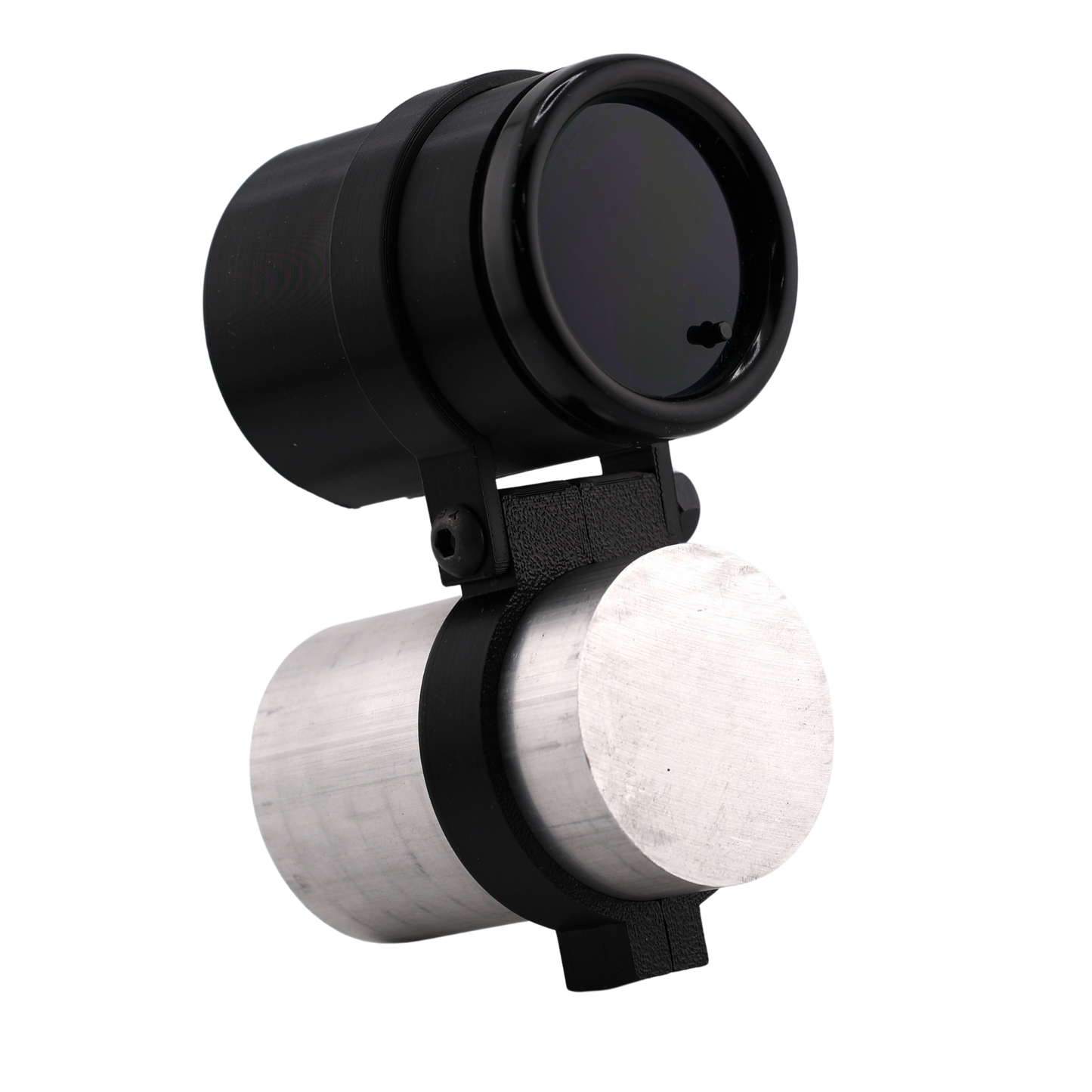 A black universal 2 inch steering column gauge mount, with a black gauge cup and black plastic mounting components.